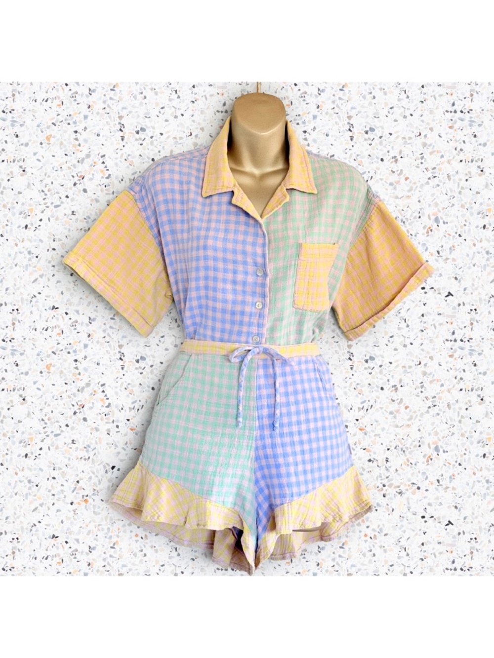 Pastel Gingham Patchwork Colorblock Seersucker Cottagecore Lounge Set Ghanda M
